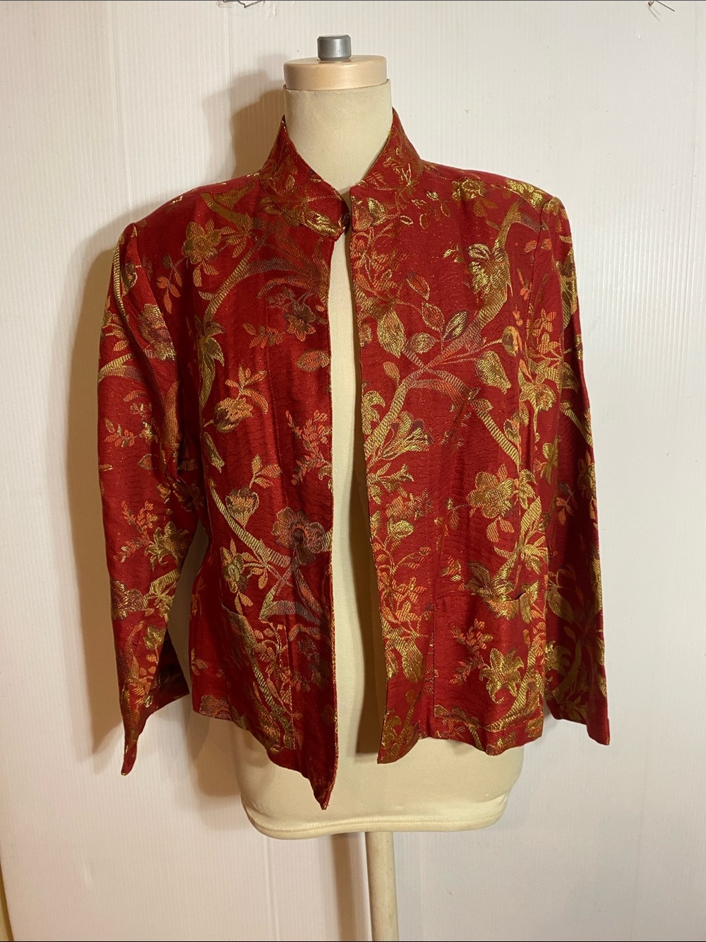 Chico's Red Floral Brocade Jacket with Gold Accents